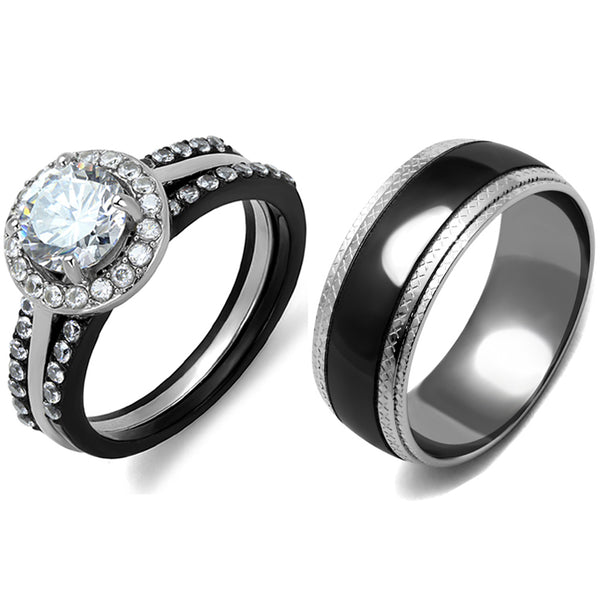 4 PCS Couple Black IP Stainless Steel 7x7mm Round Cut CZ Engagement Ring Set Mens Matching Band