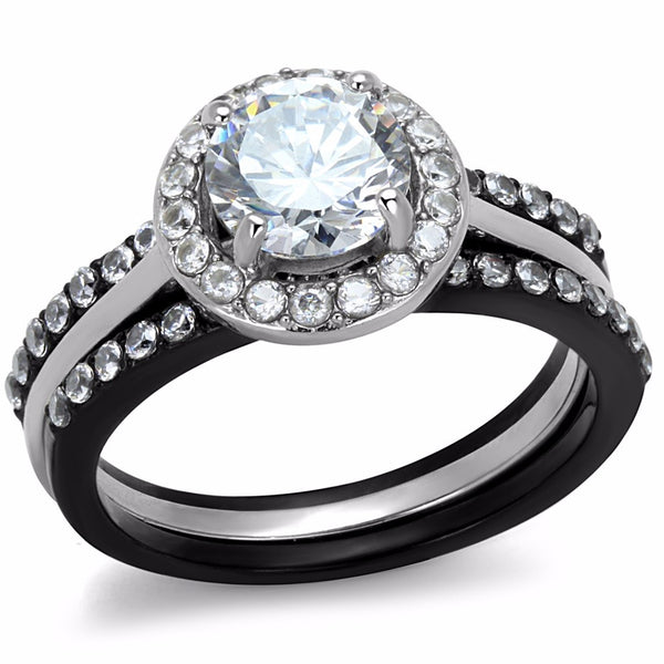 His Hers Ring Set Womens 1 Carat 7x7mm CZ Black Wedding Ring Mens 7 CZs Wedding Band - LA NY Jewelry