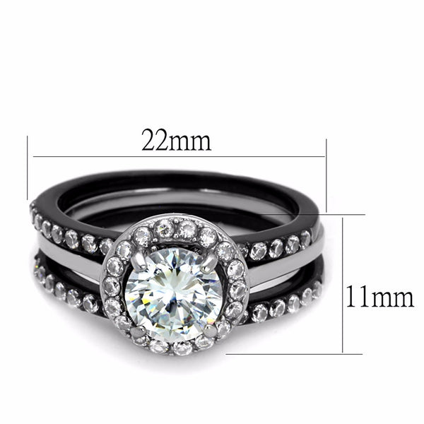 4 PCS Couple Black IP Stainless Steel 7x7mm Round Cut CZ Engagement Ring Set Mens 3 CZ Band - LA NY Jewelry
