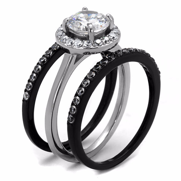 His Hers Ring Set Womens 1 Carat 7x7mm CZ Black Wedding Ring Mens Wedding Band w 3 CZ - LA NY Jewelry