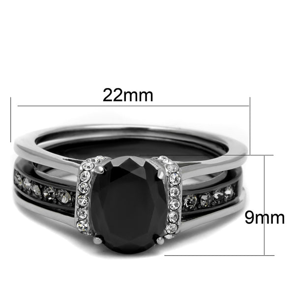 3 PCS Couple Black IP Stainless Steel 8x6mm Oval Cut CZ Engagement Ring Set Mens Flat Band