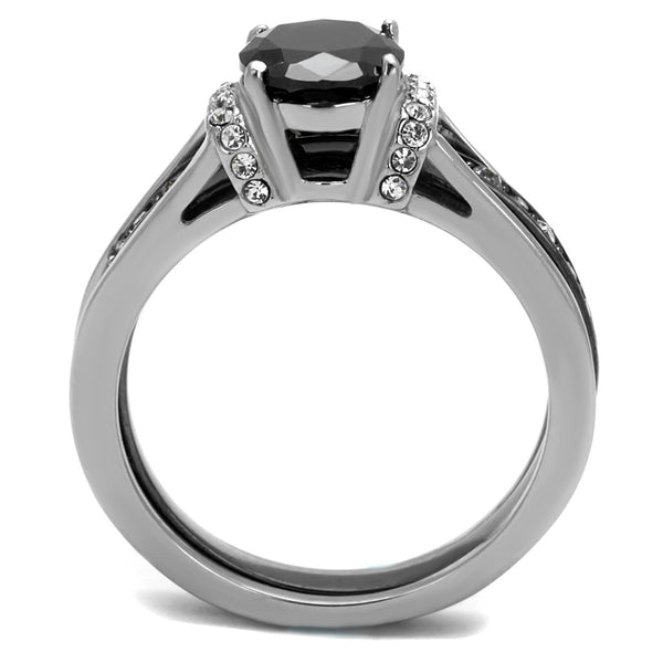 3 PCS Couple Black IP Stainless Steel 8x6mm Oval Cut CZ Engagement Ring Set Mens Matching Band - LA NY Jewelry