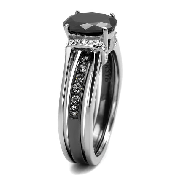 Matching Couple Ring Set Womens Black Oval CZ Black Wedding Ring Set Mens Two Tone Band - LA NY Jewelry