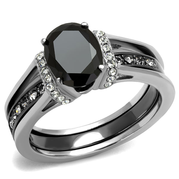 3 PCS Couple Black IP Stainless Steel 8x6mm Oval Cut CZ Engagement Ring Set Mens Flat Band
