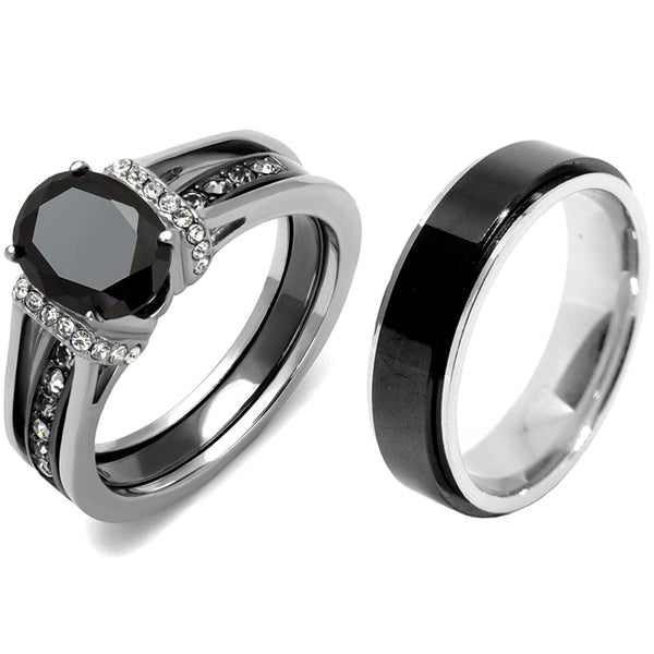 3 PCS Couple Black IP Stainless Steel 8x6mm Oval Cut CZ Engagement Ring Set Mens Spinning Band