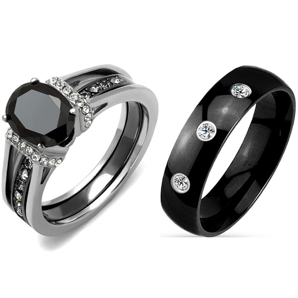 3 PCS Couple Black IP Stainless Steel 8x6mm Oval Cut CZ Engagement Ring Set Mens Band With 3 CZ
