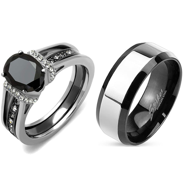 Matching Couple Ring Set Womens Black Oval CZ Black Wedding Ring Set Mens Two Tone Band