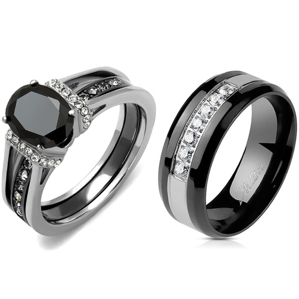 Couple Ring Set Womens Black Oval CZ Promise Ring Mens 7 CZs Wedding Band
