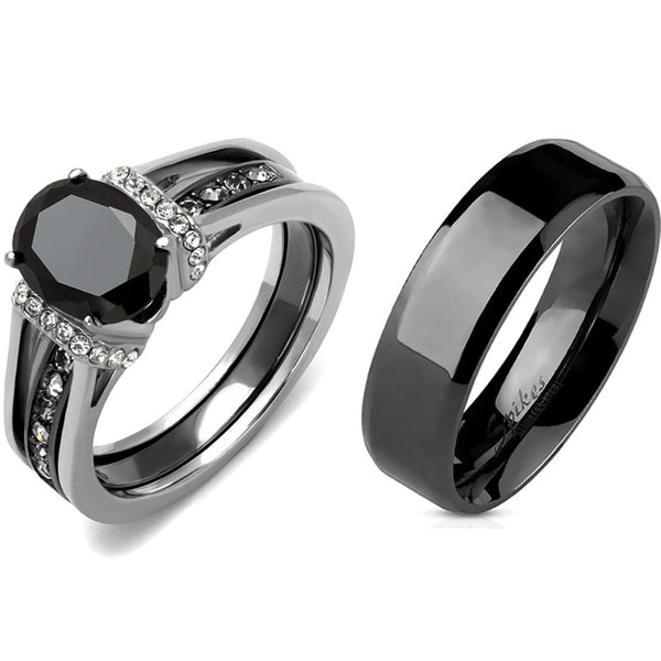 3 PCS Couple Black IP Stainless Steel 8x6mm Oval Cut CZ Engagement