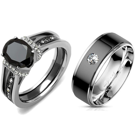 Couple Ring Set Womens Black Oval CZ Promise Ring Mens Bezel Set CZ  Wedding Band