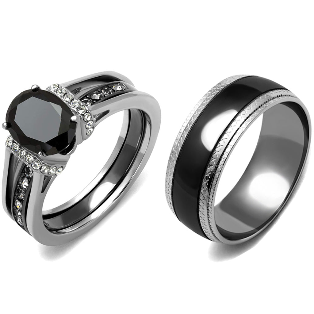 3 PCS Couple Black IP Stainless Steel 8x6mm Oval Cut CZ Engagement Ring Set Mens Matching Band