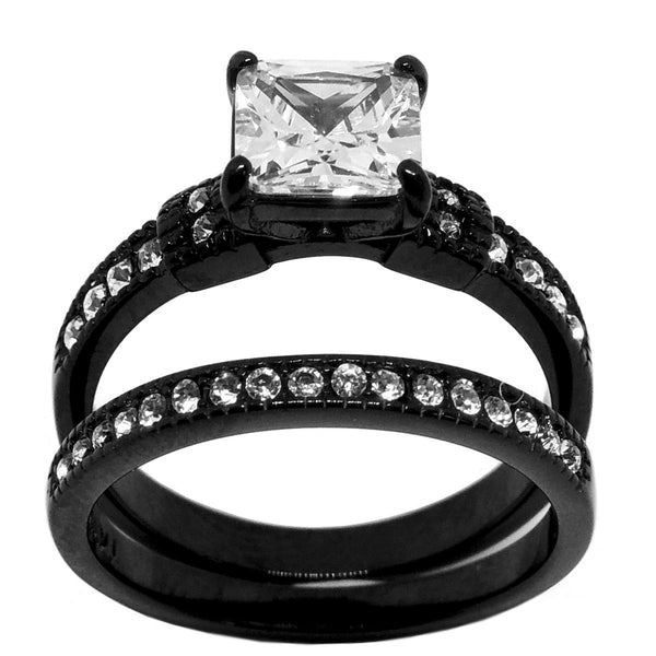 Couple Ring Set Womens Princess CZ Black Promise Ring Mens Wedding Band w/ 3 CZ - LA NY Jewelry