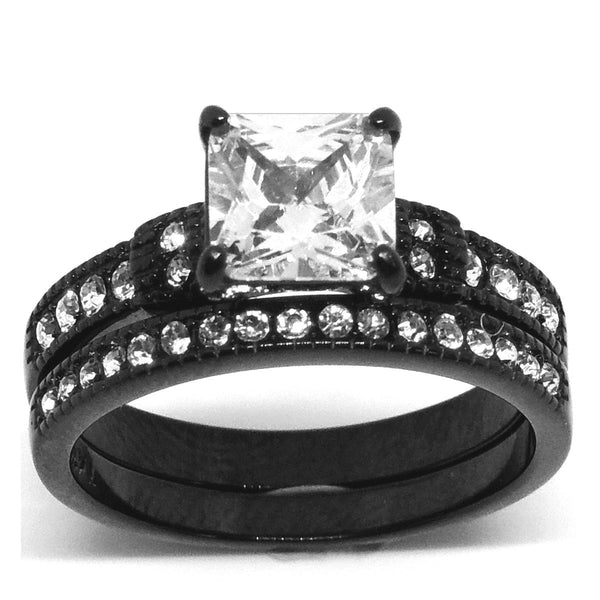 Matching Couple Ring Set Womens Princess Square CZ Black Wedding Ring Set Mens Two Tone Band - LA NY Jewelry