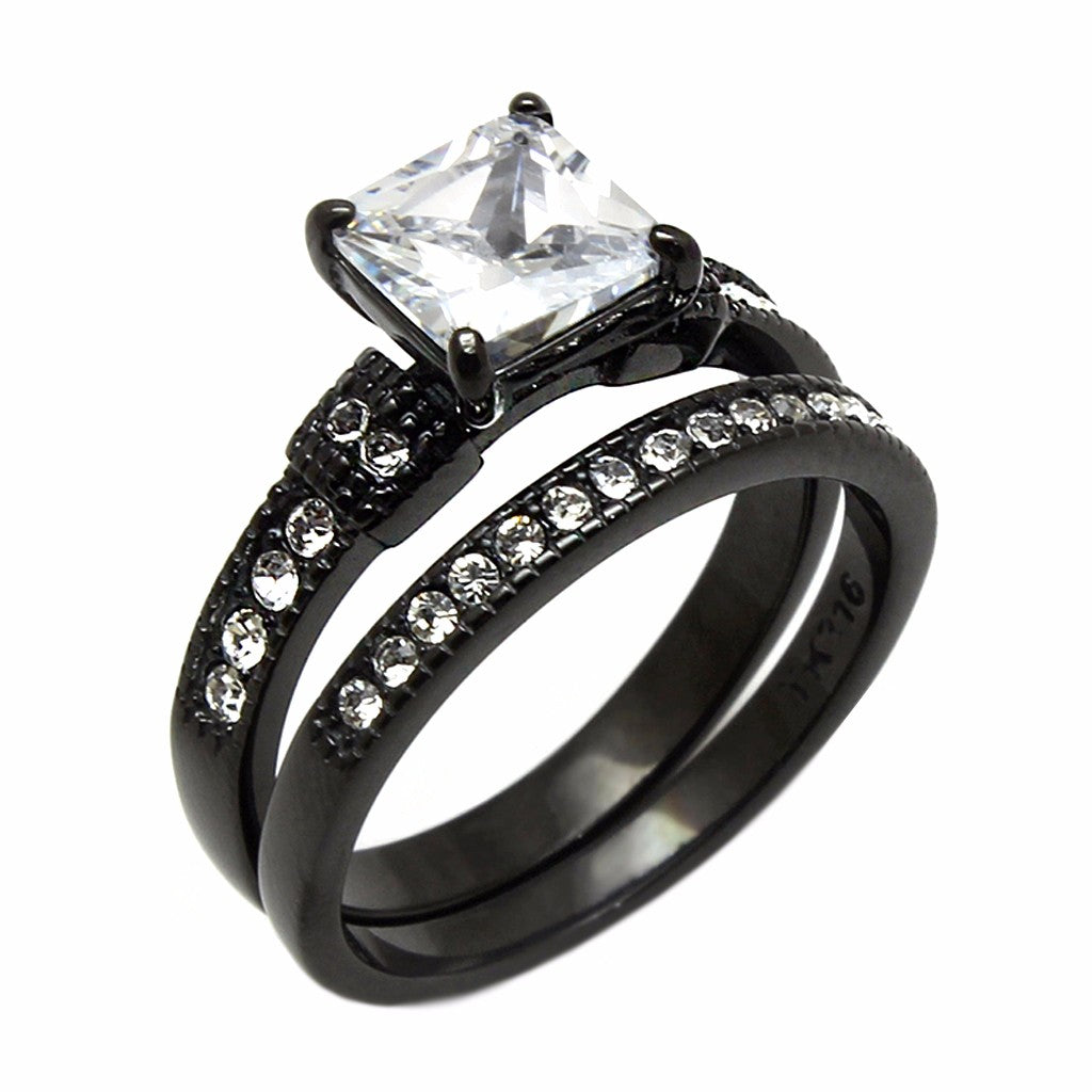 Couple Ring Set Womens Princess CZ Black Promise Ring Mens CZs