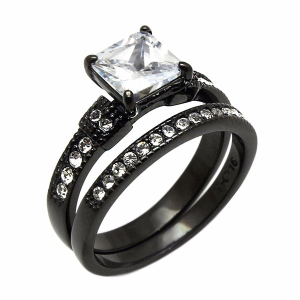 Couple Ring Set Womens Princess CZ Black Promise Ring Mens 7 CZs Wedding Band - LA NY Jewelry