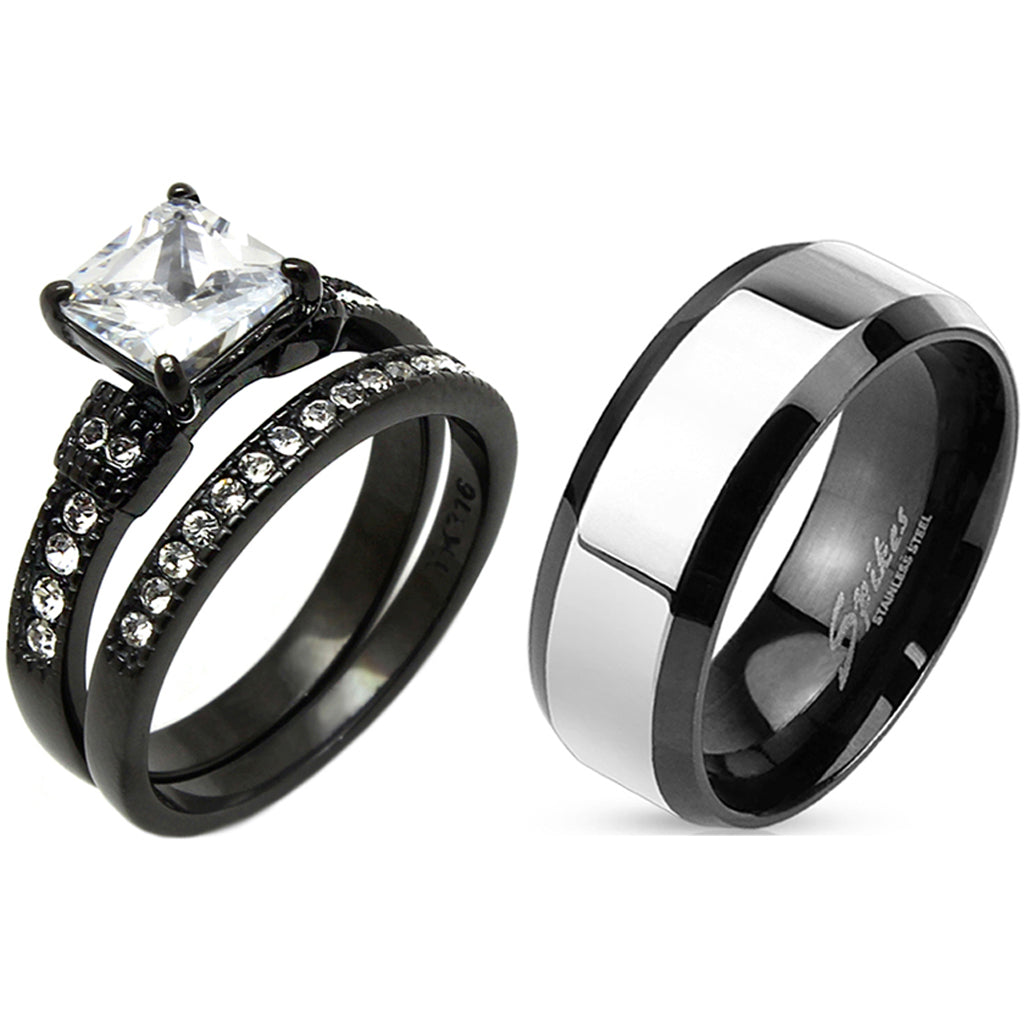 His Hers Matching Ring Set Womens 1 Carat 7x7mm CZ Black Wedding Ring – LA  NY Jewelry