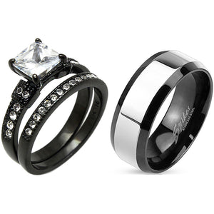 Matching Couple Ring Set Womens Princess Square CZ Black Wedding Ring Set Mens Two Tone Band