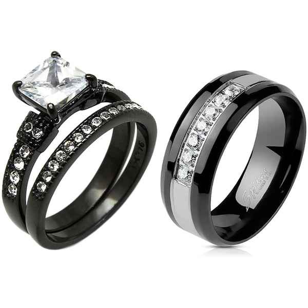 Couple Ring Set Womens Princess CZ Black Promise Ring Mens 7 CZs Wedding Band