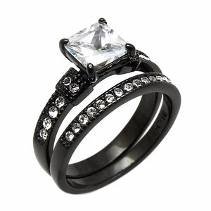 Womens 7x7mm Princess Cut CZ Black IP Stainless Steel Wedding Ring Set - LA NY Jewelry