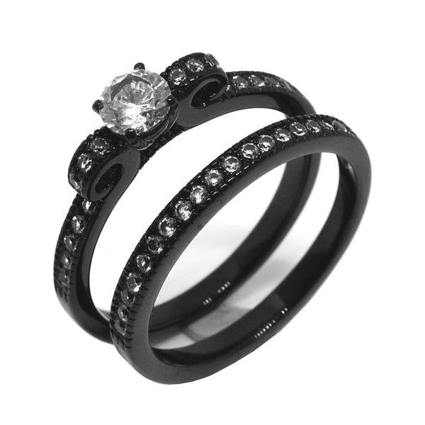 Couples Ring Set Womens Black Anniversary Ring Mens 7 CZs Two Tone Wedding Band - LA NY Jewelry