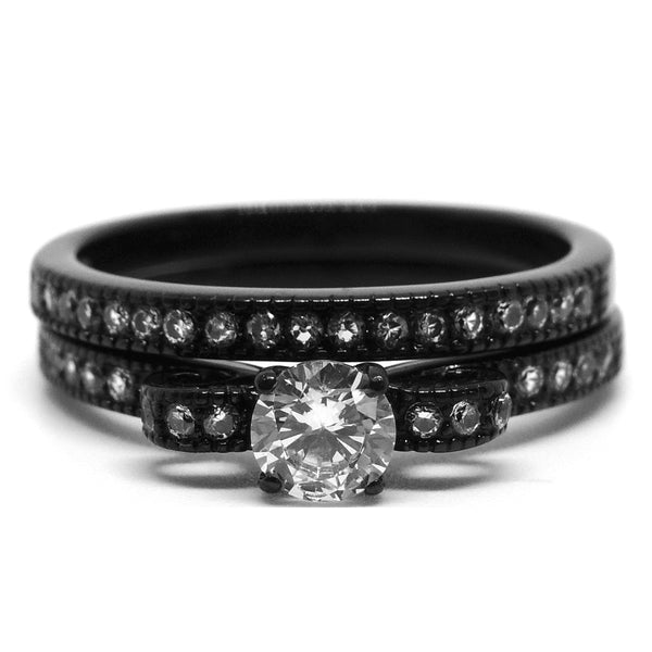 Matching Couple Ring Set Womens Black Anniversary Ring Set Mens Two Tone Band - LA NY Jewelry