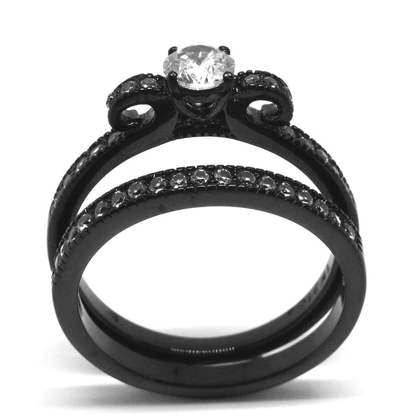 Couples Ring Set Womens Black Anniversary Ring Mens 3 CZ Two Tone Wedding Band - LA NY Jewelry