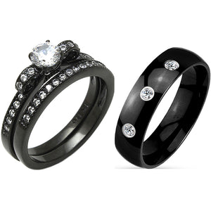 3 PCS Couple 5x5mm Round Cut CZ Black IP Stainless Steel Wedding Set Mens Band with 3 CZs