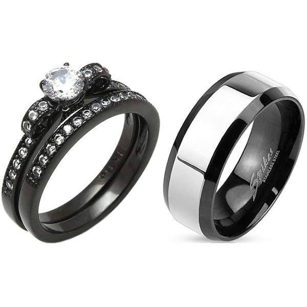 Matching Couple Ring Set Womens Black Anniversary Ring Set Mens Two Tone Band