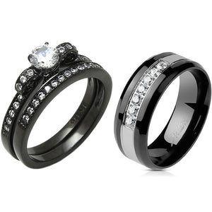 Couples Ring Set Womens Black Anniversary Ring Mens 7 CZs Two Tone Wedding Band