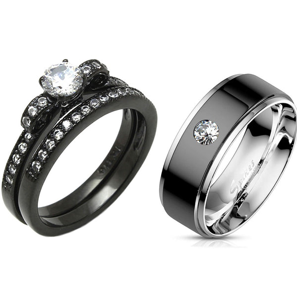 Couples Ring Set Womens Black Anniversary Ring Mens Bezel Set CZ  Wedding Band
