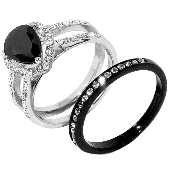 3 PCS Couple Pear Cut Black CZ Black IP Stainless Steel Wedding Set Mens Matching Spinning Band - LA NY Jewelry