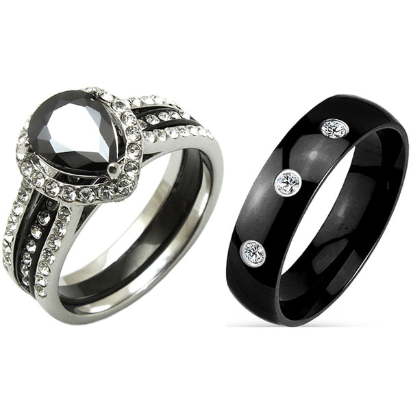 3 PCS Couple Pear Cut Black CZ Black IP Stainless Steel Wedding Set Mens Band with 3 CZs