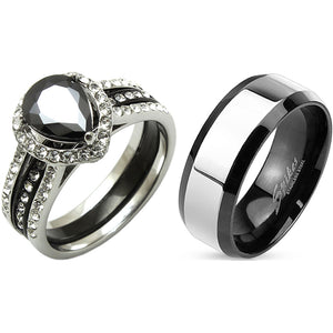 His Hers Matching Couple Ring Set Womens Black Pear CZ Wedding Ring Set Mens Two Tone Band