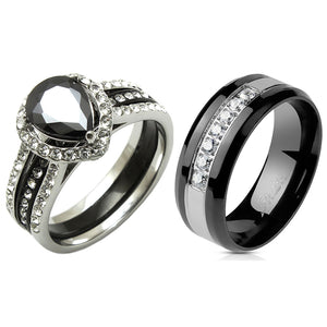 His Hers Couples Ring Set Womens Black Pear CZ Wedding Ring Mens 7 CZs Two Tone Band