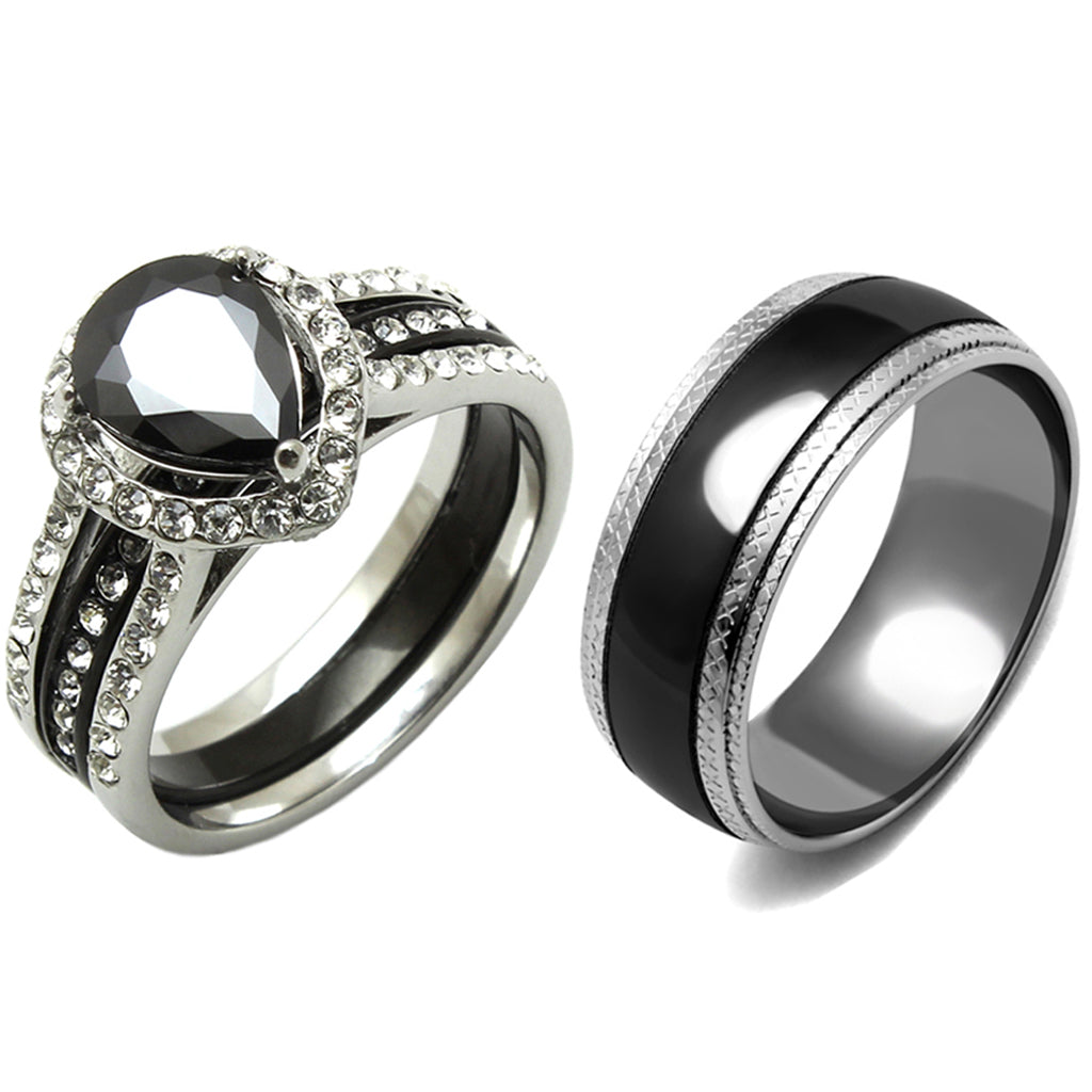 3 PCS Couple Pear Cut Black CZ Black IP Stainless Steel