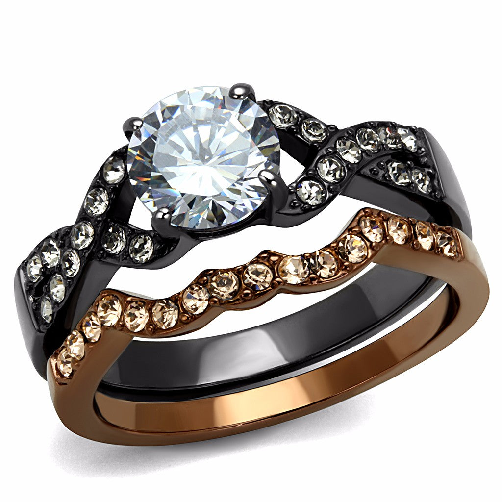 Womens Round Cut CZ in Light Black & Light Coffee IP Stainless Steel 2 RINGS SET - LA NY Jewelry
