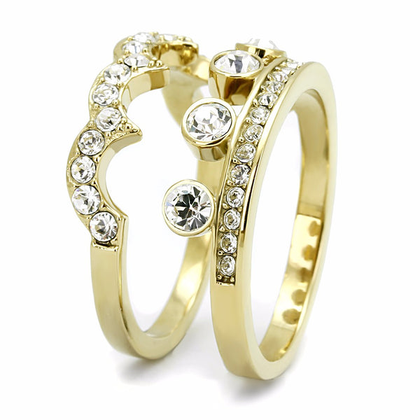 Womens Crown Style Top Grade Crystal in Gold IP Stainless Steel 2 Ring Set - LA NY Jewelry