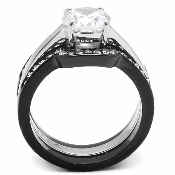 His Hers Ring Set Womens Round CZ Anniversary Two Tone Ring Mens 3 CZ Wedding Band - LA NY Jewelry