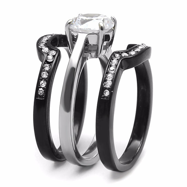 His Hers Couple Ring Set Womens Round CZ Anniversary Two Tone Ring Set Mens Flat Band