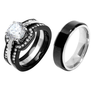 His Hers Couple Ring Set Womens Round CZ Anniversary Two Tone Ring Set Mens Spinning Band