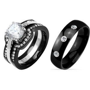 His Hers Couple Ring Set Womens Round CZ Anniversary Two Tone Ring Set Mens 3 CZs Band