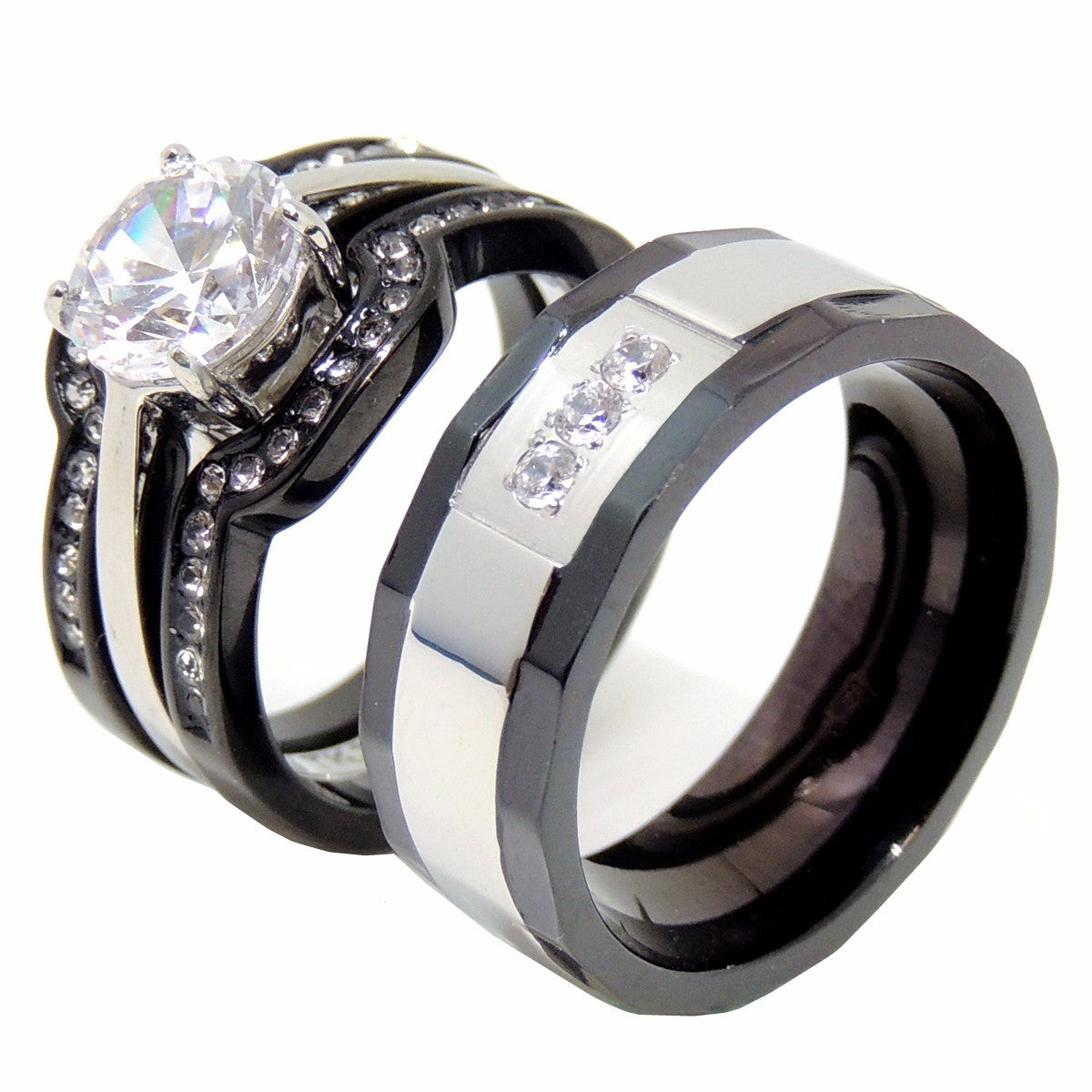 His Hers Ring Set Womens Round CZ Anniversary Two Tone Ring Mens 3 CZ Wedding Band - LA NY Jewelry