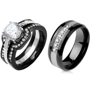 His Hers 4 PC Ring Set Womens Round CZ Engagement Two Tone Ring Mens 7 CZs Wedding Band