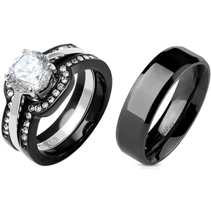 His Hers Couple Ring Set Womens Round CZ Anniversary Two Tone Ring Set Mens Flat Band