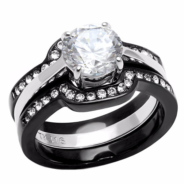 His Hers Couple Ring Set Womens Round CZ Anniversary Two Tone Ring Set Mens 3 CZs Band