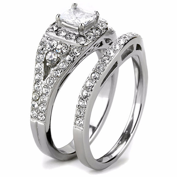 2 PCS Princess CZ Center Top Grade Crystal Surround Stainless Steel Ring Set - LA NY Jewelry