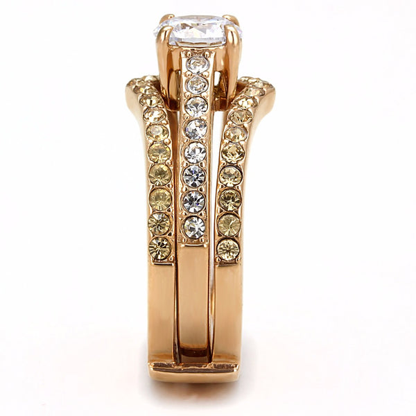 Clear CZ Center with Clear & Champagne Crystal Rose Gold IP Stainless Steel Ring Set - LA NY Jewelry