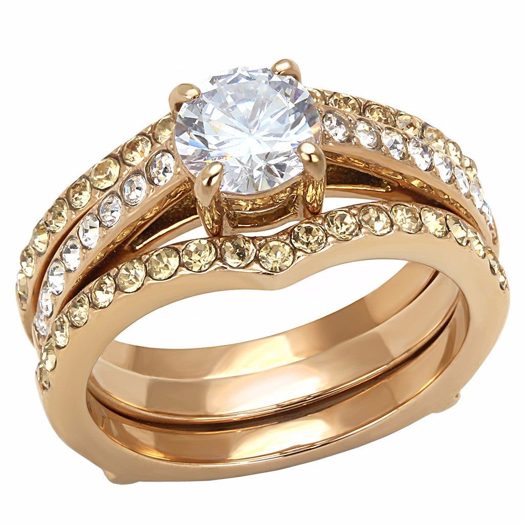 Clear CZ Center with Clear & Champagne Crystal Rose Gold IP Stainless Steel Ring Set - LA NY Jewelry