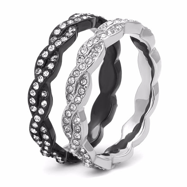 Womens Black IP Two-Tone Stainless Steel Top Grade Crystal All Around 2 Band Set - LA NY Jewelry