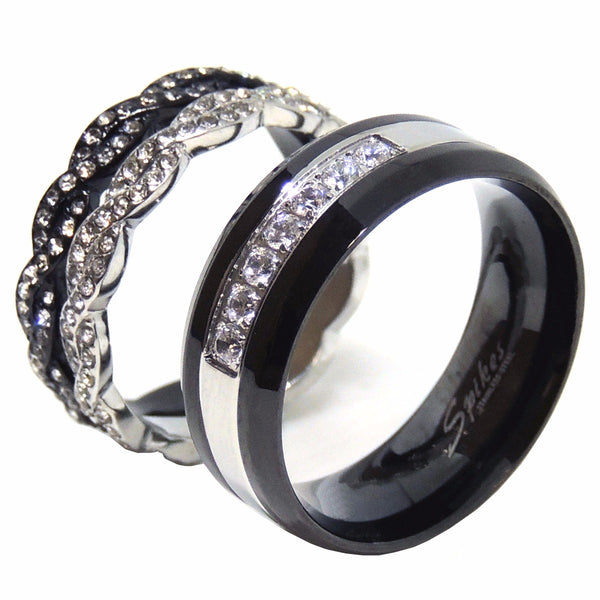 His Hers Ring Set Womens Two Tone Stainless Steel 2 Bands Mens 7 CZs Wedding Band - LA NY Jewelry